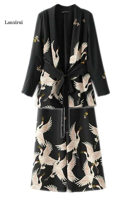 Baru Wanita Vintage Pakaian Set Crane Blazer dengan Cetakan Lebar Kaki Retro Celana Wanita Burung Gambar Pakaian Celana Pakaian