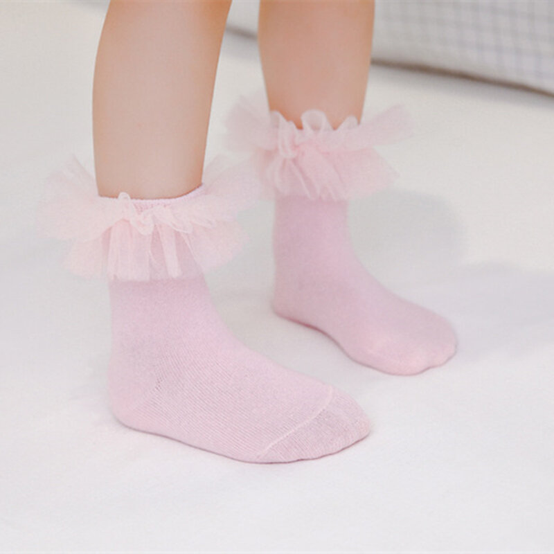 Calcetines de encaje con volantes para niñas pequeñas, medias de princesa, algodón suave, malla hinchada, flor, rojo, blanco