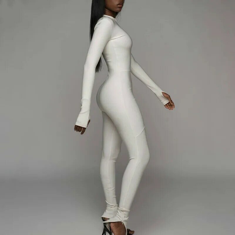Novo sólido preto/branco bodycon macacão feminino sporty macacão 2020 primavera verão de fitness manga longa zíper elástico bodysuit