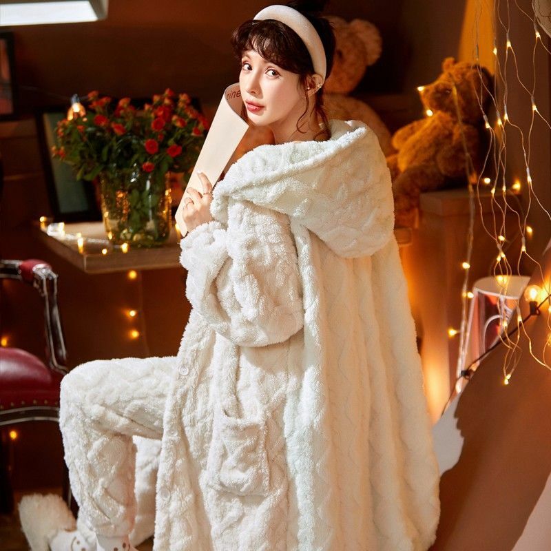 Winter Thick Hooded Flannel Pajama Sets Women Solid Loose Tender Warm Nightwear Plus Velvet Bathrobes Trousers Outfits Homewear