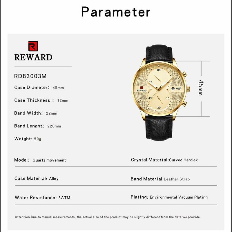 REWARD-Reloj de pulsera de cuarzo resistente al agua para hombre, accesorio masculino de marca de lujo con esfera de cuadrícula, calendario, color negro y dorado