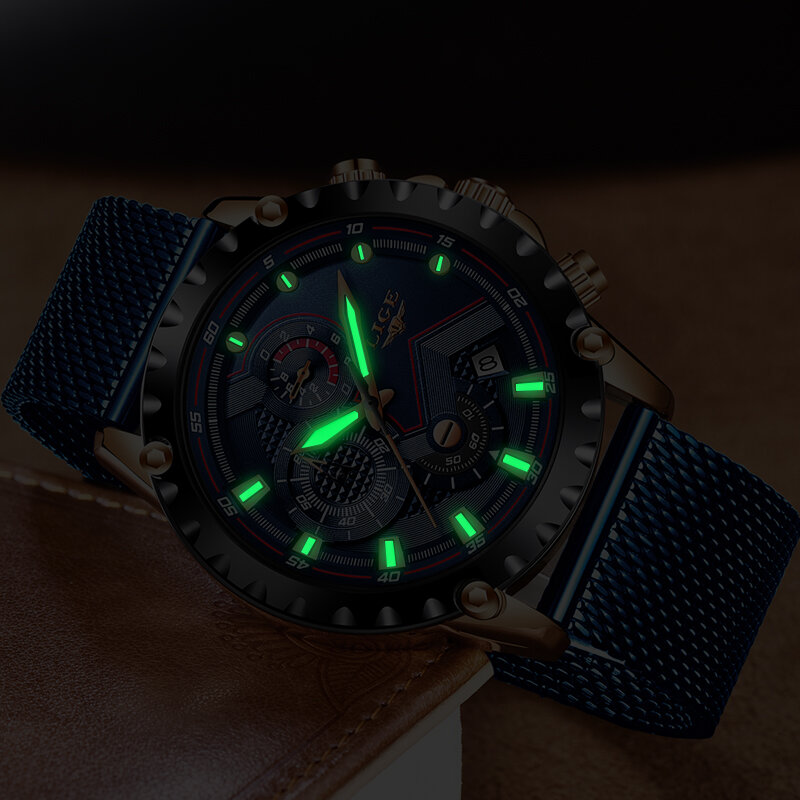 New LIGE Azul Casual Mesh Belt Moda Quartz Gold Watch Mens Relógios Top Marca de Luxo Relógio À Prova D' Água Relogio masculino