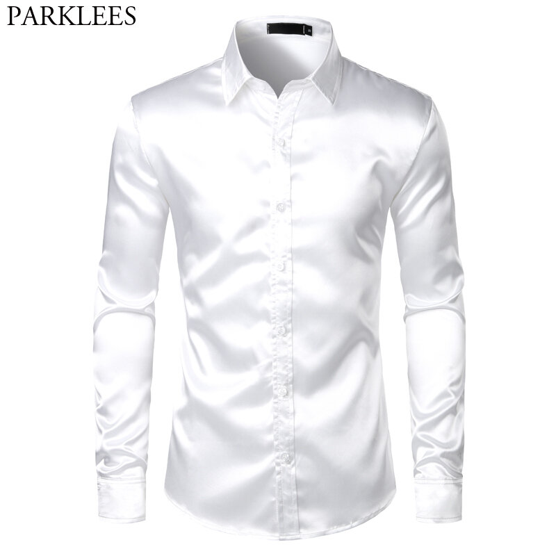 Biała satyna jedwabna smokingowa koszulka męska 2023 z długim rękawem dopasowana męska męska koszulka ubranie koszule wesele na imprezę koszula na co dzień