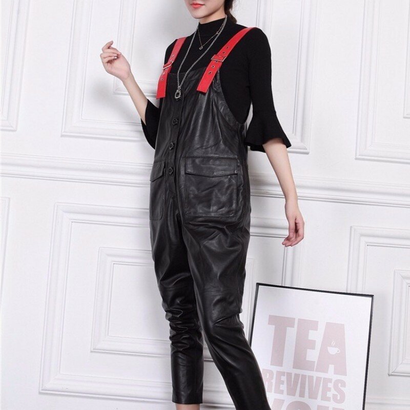 European Slim Fit Womens High Quality Leather Suspender Pants Fashion Solid Sheepskin Jumpsuit Female Plus Size M-3XL