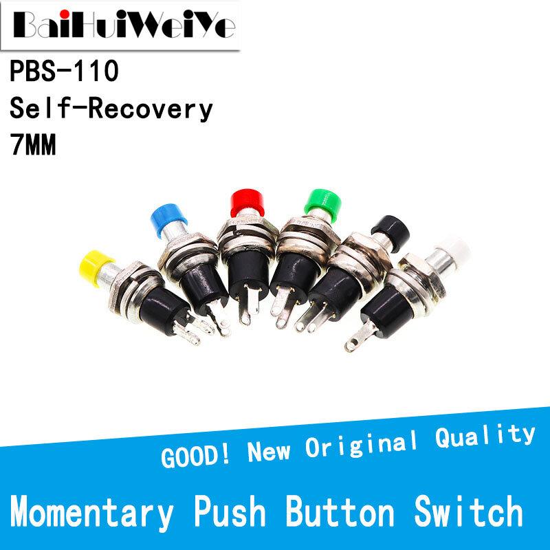 PBS110-Interruptor de botón momentáneo, dispositivo redondo momentáneo de 7mm, de recuperación automática PBS-110, 2 pines, 6 colores, sin apertura