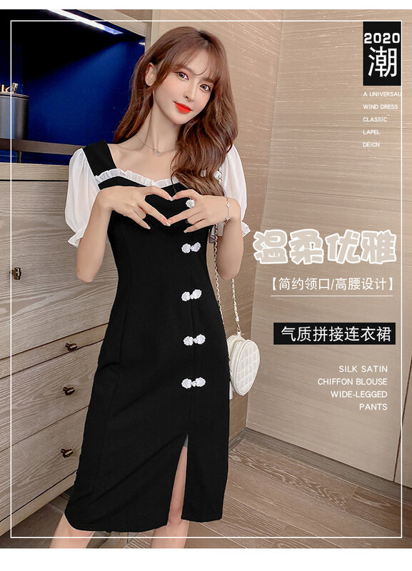 Kwadratowy kołnierzyk wąska talia mała czarna sukienka letnia sukienka kobieca francuska Retro sukienka Cheongsam Qipao sukienka seksowna ulepszona w połowie długości styl Qipao