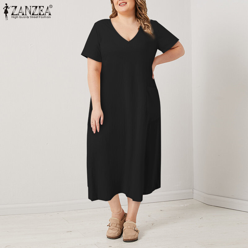 حجم كبير ZANZEA 2023 المرأة الصيف فستان قصير الأكمام القطن عادية السيدات جيوب كبيرة رداء حفلة فام طويل Vestidos L-5XL