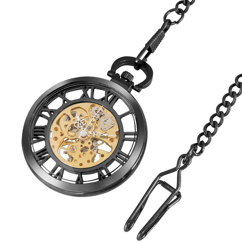 럭셔리 핸드 와인드 기계식 로마 숫자 스팀펑크 투명 포켓 시계, 오픈 페이스 블랙 체인, 남녀공용 멋진 선물