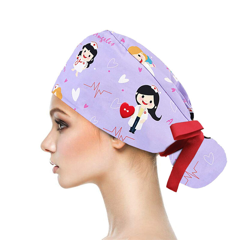 Topi Scrub Toko Hewan Peliharaan Dapat Disesuaikan dengan Tombol Topi Bouffant dengan Sweatband Topi Kerja Kecantikan Topi Menyusui untuk Wanita Topi Perawat Rambut Panjang
