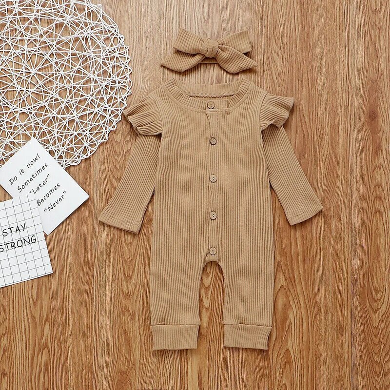 Primavera outono roupas do bebê recém-nascido menina menino com nervuras roupas de malha algodão macacão sólido 2 pçs outfits
