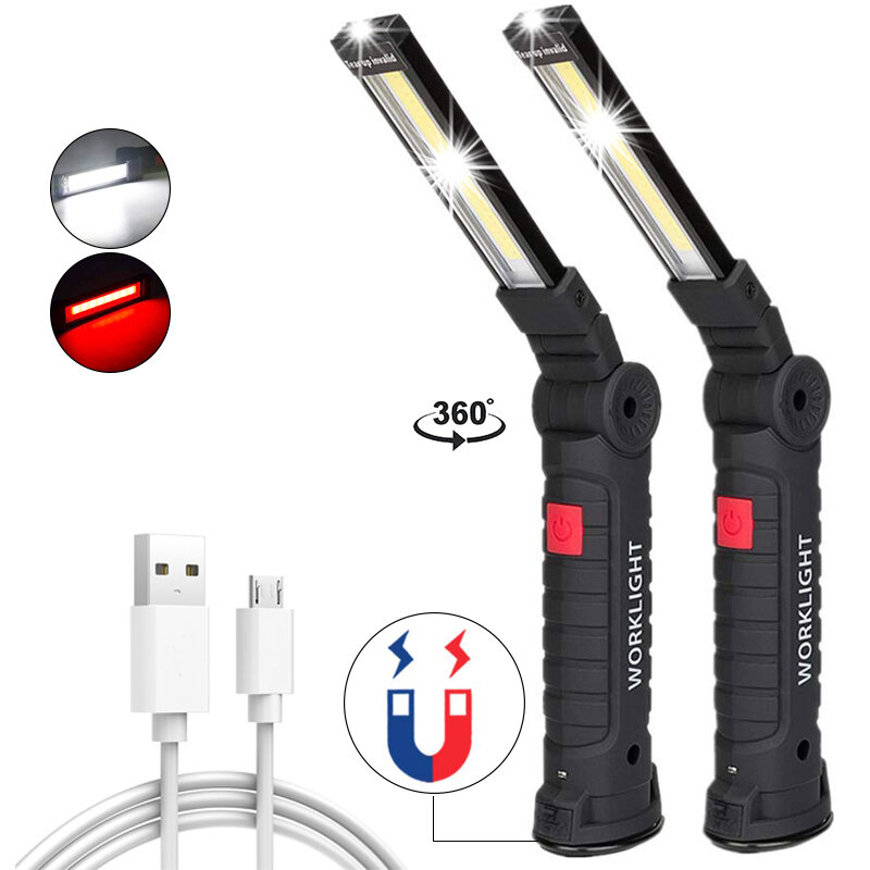 Lampe de travail COB Portable avec batterie intégrée, chargement USB, lumière de réparation 8000lm, fond de lampe de poche avec aimant et crochet