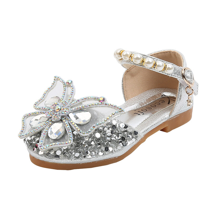 Zapatos con lazo de encaje de lentejuelas para niñas, zapatos informales de Baile de Princesa con perlas bonitas, nuevos zapatos de boda para fiesta para niños D721 2023