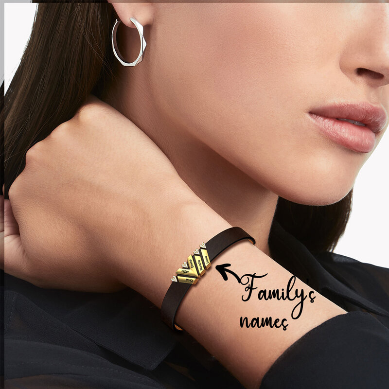 Bracelet en cuir réglable avec noms personnalisés pour femmes, bijoux cadeau de fête des mères, argent, or, or rose