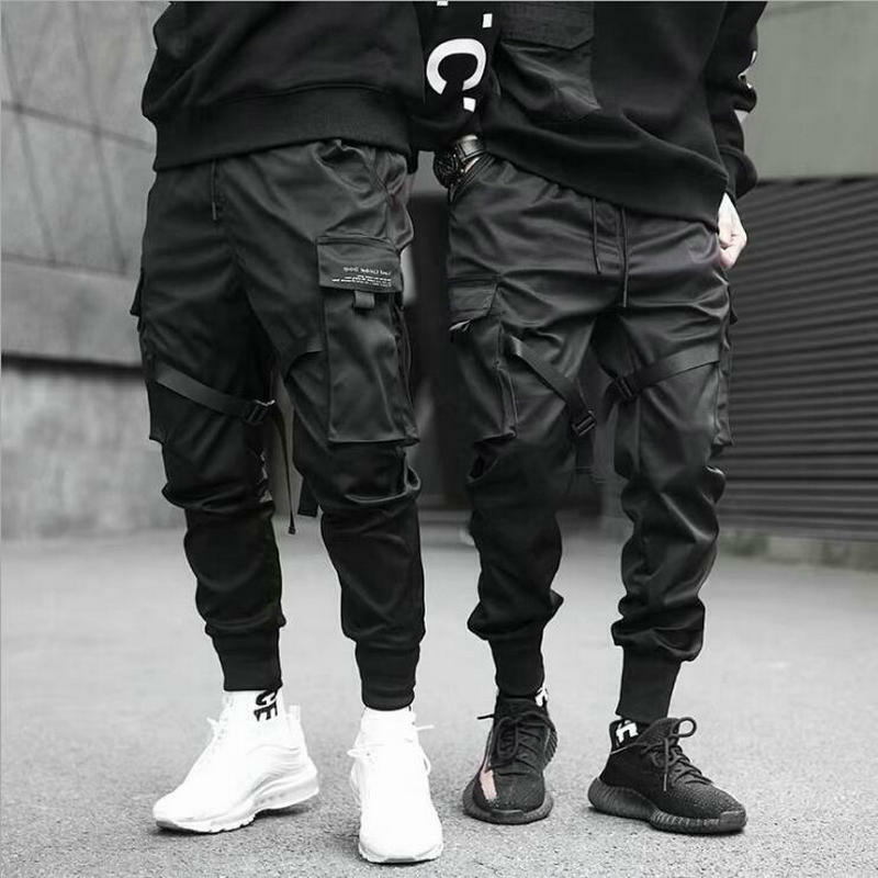 Джоггеры мужские с лентами, брюки-карго, уличная одежда 2023, повседневные хлопковые тренировочные штаны в стиле хип-хоп с карманами, модные брюки в стиле Харадзюку