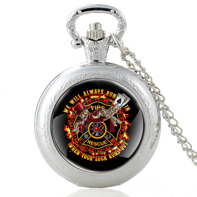 Уникальный дизайн пожарного, стеклянный кабошон, огонь, спасение, винтажные кварцевые карманные часы, брелок для мужчин и женщин, кулон, ожерелье, часы