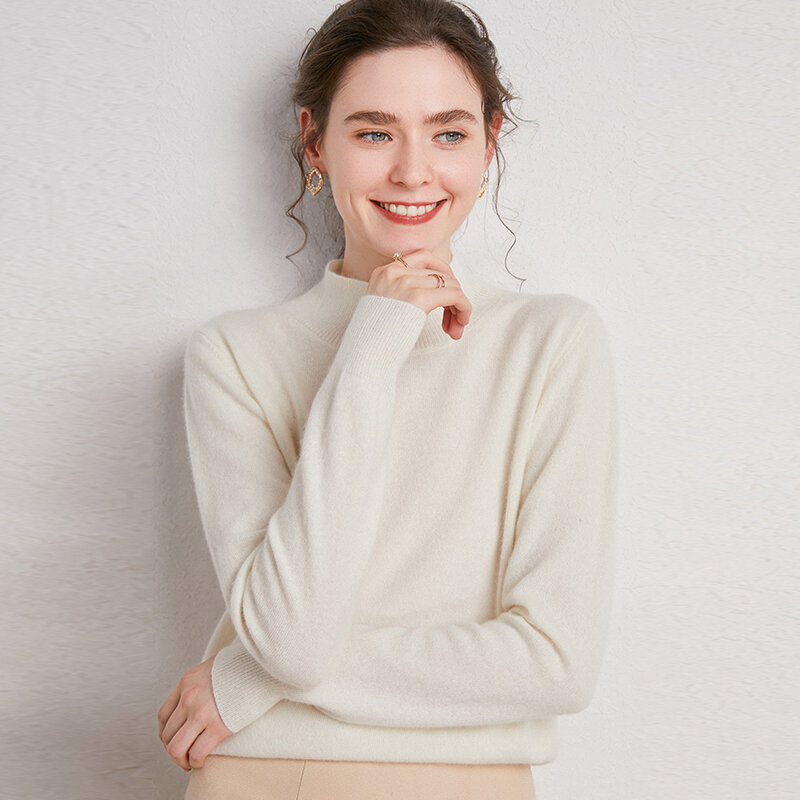 100% Merino Sweater wol wanita ukuran Plus 5XL Pullover setengah leher kemeja Dalaman rajut longgar atasan kasmir berulir lengan panjang
