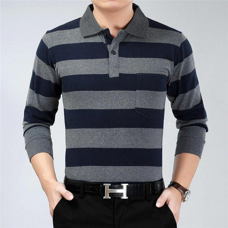 Рубашка-поло мужская с длинным рукавом, базовая повседневная одежда для работы, в полоску, с воротником-стойкой, Осень-зима