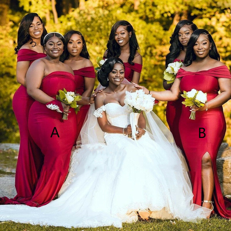 Vermelho plus size sereia vestidos de dama de honra sem alças sem encosto longo vestido de festa de casamento africano feminino vestido de festa de boda