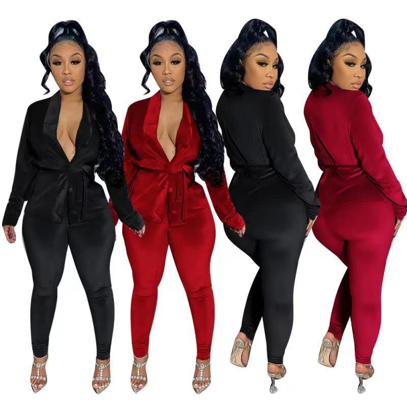 Sexy Women Velvet Two Piece Set Deep V-neck Bandage Shirt And Long Pants Sportsuit Matching Suit Tracksuit Clothes For Women