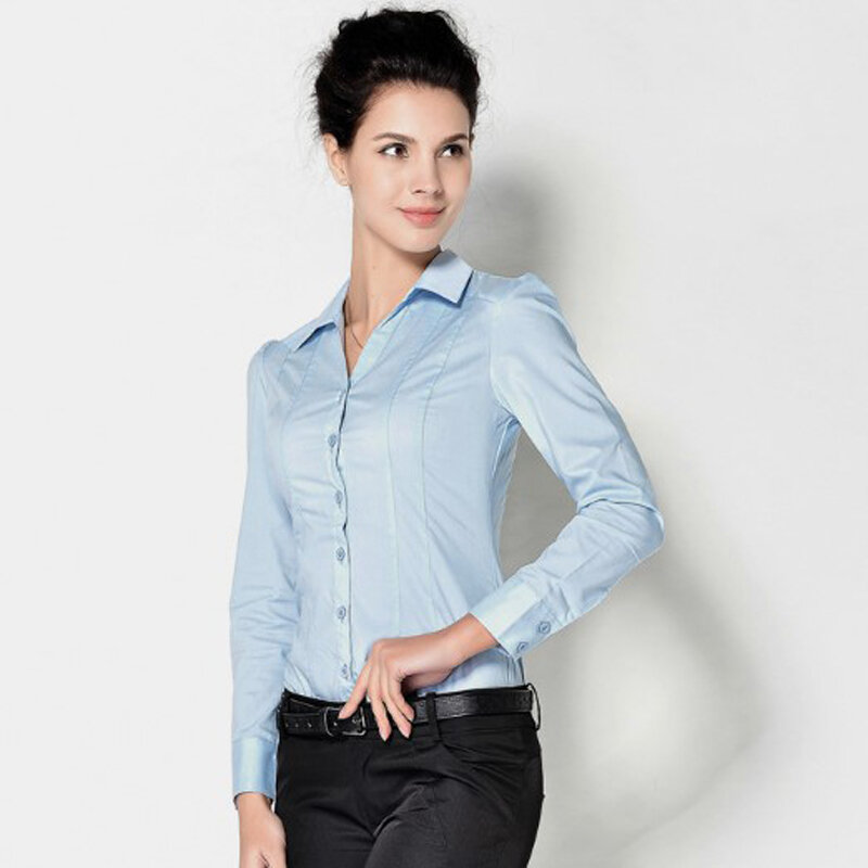 Blusa de manga larga con cuello en V para mujer, camisa de cuerpo sólido con botones, azul claro, blanco, Oficina
