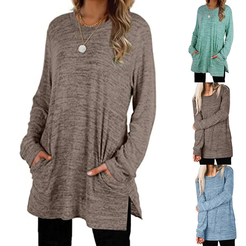 Женская Повседневная однотонная толстовка, блузка с длинным рукавом и карманами, туника с разрезом на подоле, женская одежда, 2020