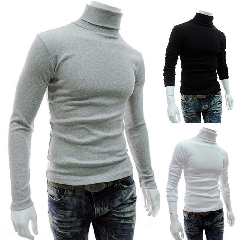 Jersey de manga larga para hombre, jersey de cuello alto, suave, Color sólido, combina con todo, camisa de punto elástica para Otoño e Invierno