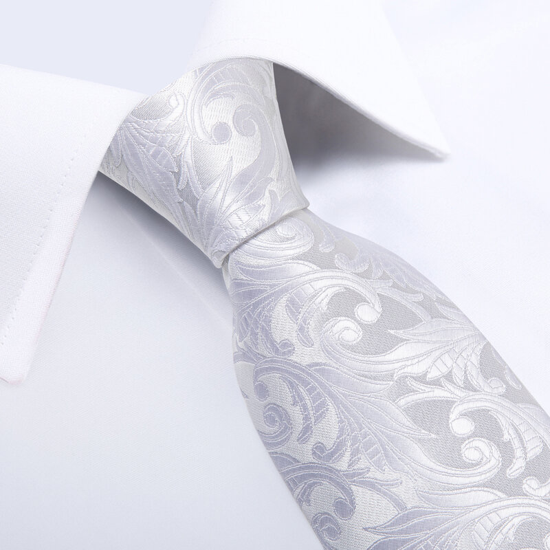 DiBanGu-Hanky Cufflinks Set para homens, gravatas no pescoço de seda, gravata de negócios e casamento, branco cinza e prata, designer