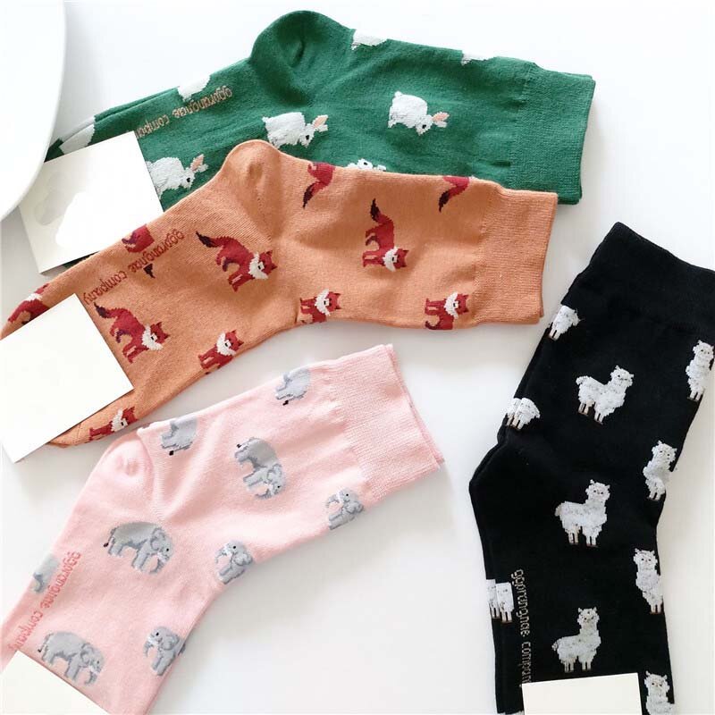 Meias curtas de maré de algodão para mulheres, desenho animado estilo coreano, raposa, elefante, coelho, ovelha, casual, primavera, outono, novo produto