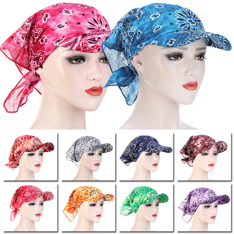 หมวกกันแดดหมวกแบบมีปีกพิมพ์ลายผ้าพันคอสี่เหลี่ยมจัตุรัสหมวกเบสบอลผ้าพันคอคลุมด้วยม่านบังแดดหมวก headpiece headscarf