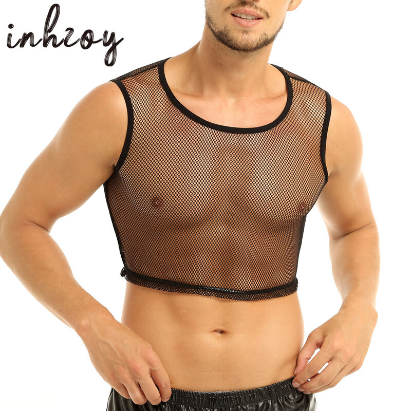 Camisa de colete de tanque de malha sexy masculina lingerie gay fishnet sheer crop tank tops clubwear