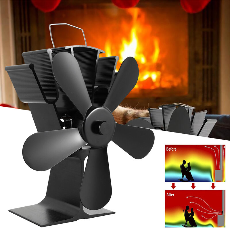 Estufa de calor con ventilador para chimenea, 5 aspas, color negro, registro, quemador de madera, respetuoso con el medio ambiente, silencioso, distribución eficiente del calor para el hogar