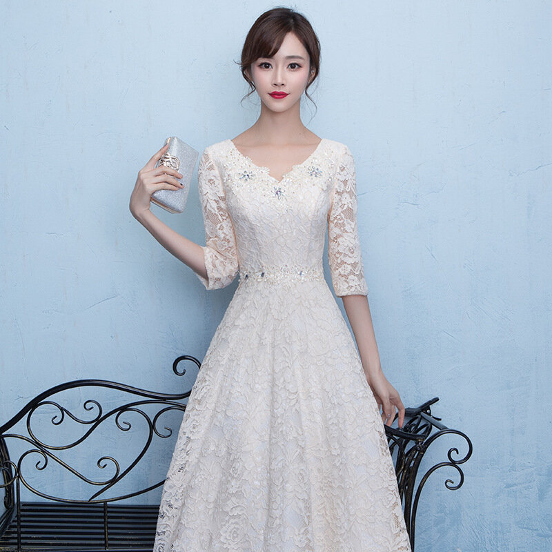 Платье подружки невесты во французском стиле, Кружевное Изящное платье знаменитости с V-образным вырезом, полурукавом, цветочным принтом, длиной до пола