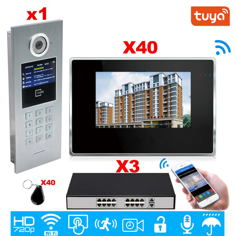 TuyaSmart 앱 지원 와이파이 비디오 도어 폰 IP 비디오 인터콤 보안 홈 액세스 제어 시스템 키패드/IC 카드/POE 1-40