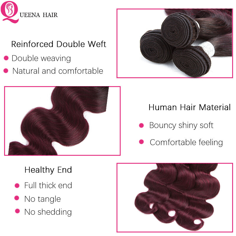 Pré-colorido cabelo brasileiro tecer cabelo humano onda do corpo ombre cor cabelo borgonha loira colorido pacotes com fechamento remy cabelo