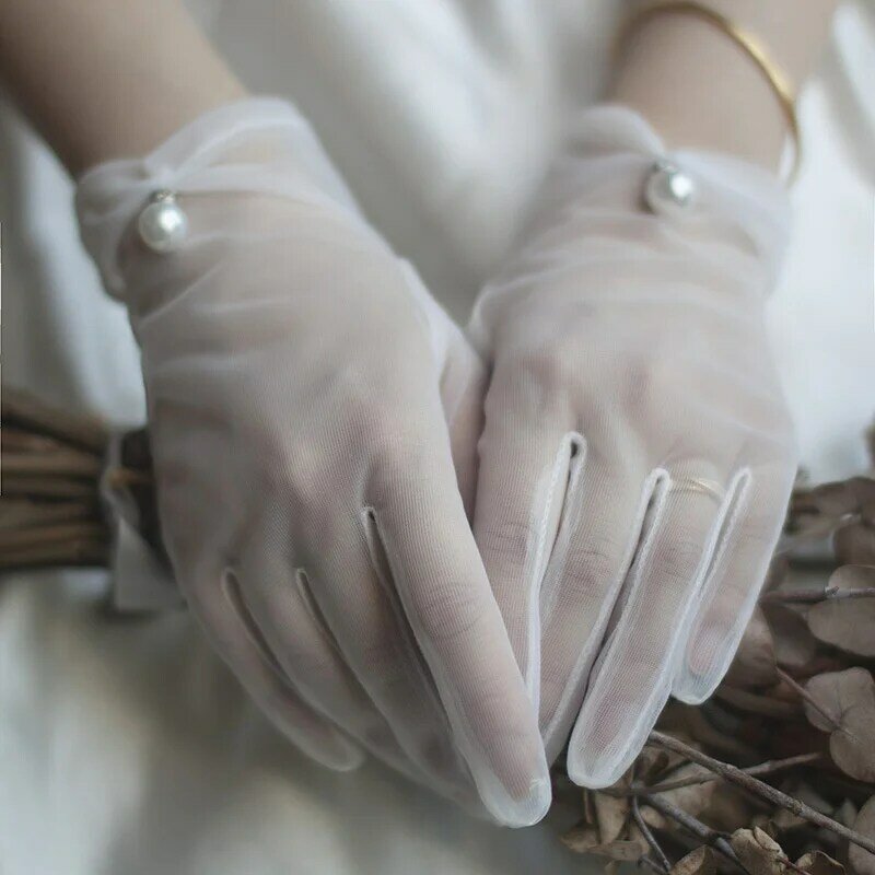 Sarung Tangan Gaun Pengantin Putih Sarung Tangan Renda Pendek Pita Mutiara Jaring Sarung Tangan Pengantin Wanita Performa Cosplay Pesta Aksesori Pernikahan