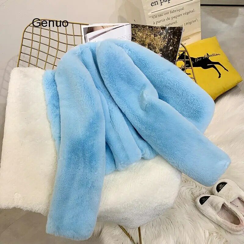 Flurry-abrigo de piel de conejo de imitación para mujer, nuevo abrigo de piel cálido de manga larga con cuello redondo, a la moda, otoño e invierno, 2020