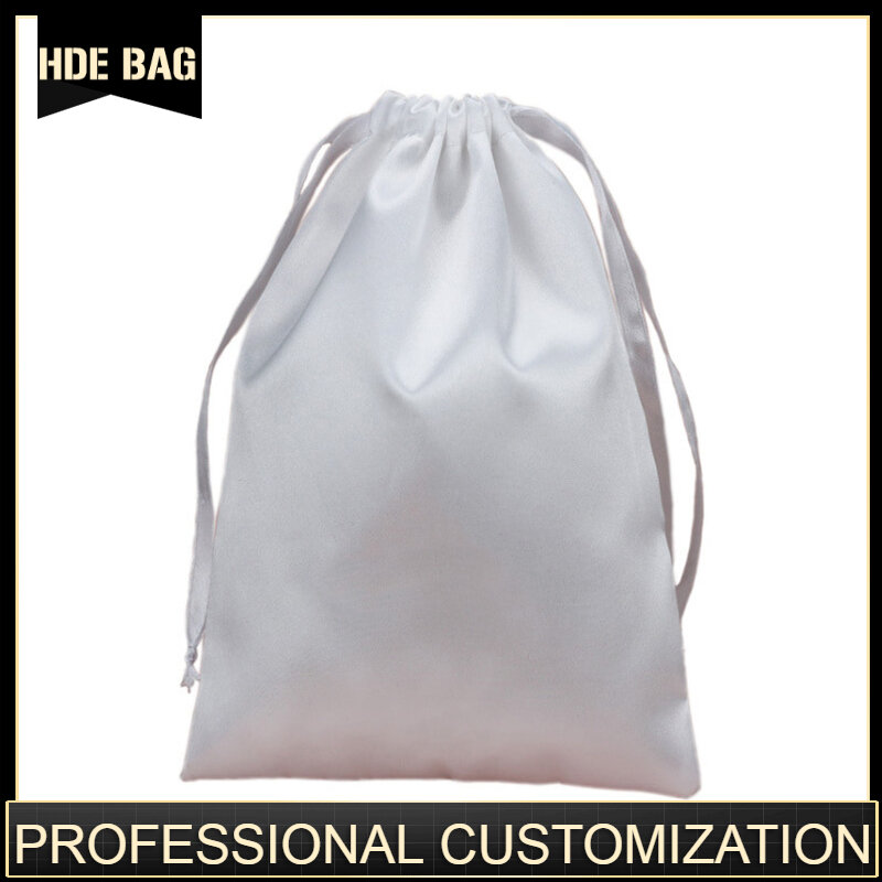 Custom Logo and Size Satin Hair Bags Ribbon Drawstring Silk Hair Extension Packaging Bags Pouches Shoes Cloth Storage Bag