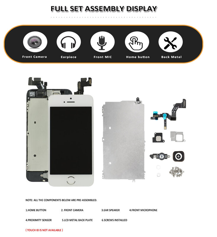 Iphone 5s 5c se 2016用のフロントカメラ付き交換用LCDタッチスクリーン,カメラの取り付け,ツール