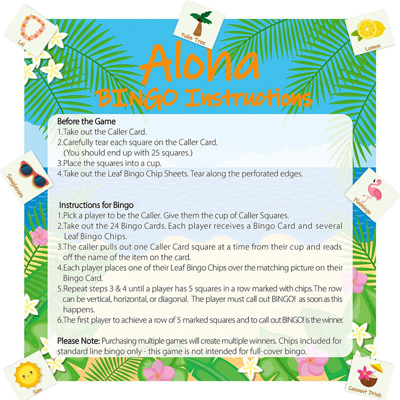 Jogo de bingo havaiano para crianças, tema tropical verão set, 24 jogadores favores, quebra-cabeça, aprender Inglês correspondência, brinquedos educativos, 41pcs