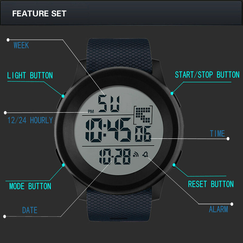Esporte militar digital LED relógio de pulso para homens, Relógio Digtal luxuoso, Conector macho impermeável
