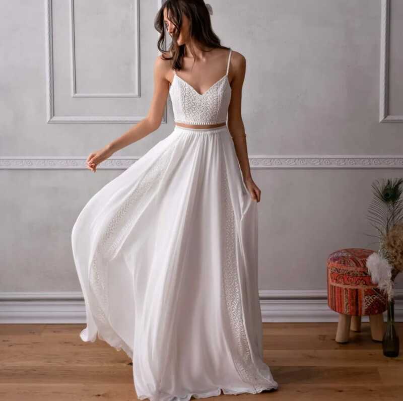 2021 Đơn Giản Đời Boho Áo Váy 2 Miếng Lót Chân Váy Xòe Caro Hở Lưng Áo Thanh Lịch Cô Dâu Đồ Bầu Vestidos De Noiva Mới