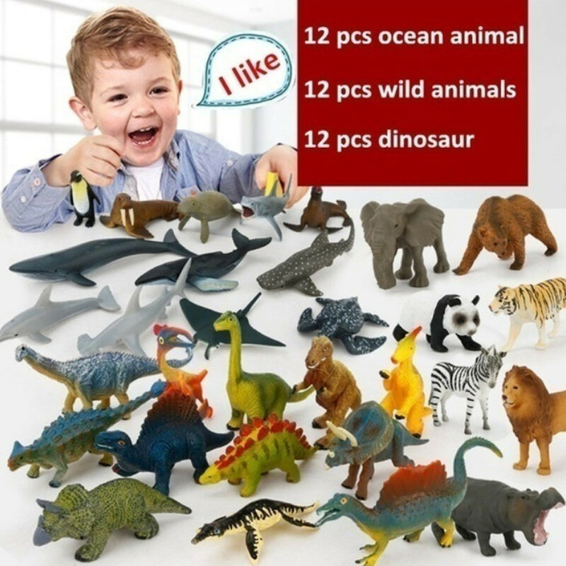 12 Teile/satz Original Ozean Tiere Shark Dolphin Wilde Tier Lion Panda Tyrannosaurus Simulation Dinosaurier Modell Spielzeug Für Kinder Geschenk