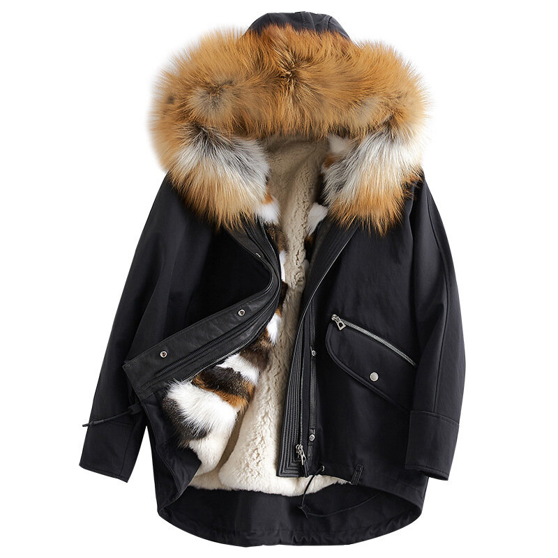 Manteau en vraie fourrure de lapin Rex pour femme, Parka chaude à col en fourrure de renard, vêtements d'hiver, 2020
