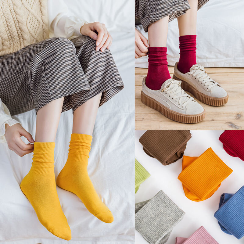Однотонные носки средней длины, вязаные японские и корейские свободные длинные носки, женские мягкие модные хлопковые носки для девочек на осень и зиму
