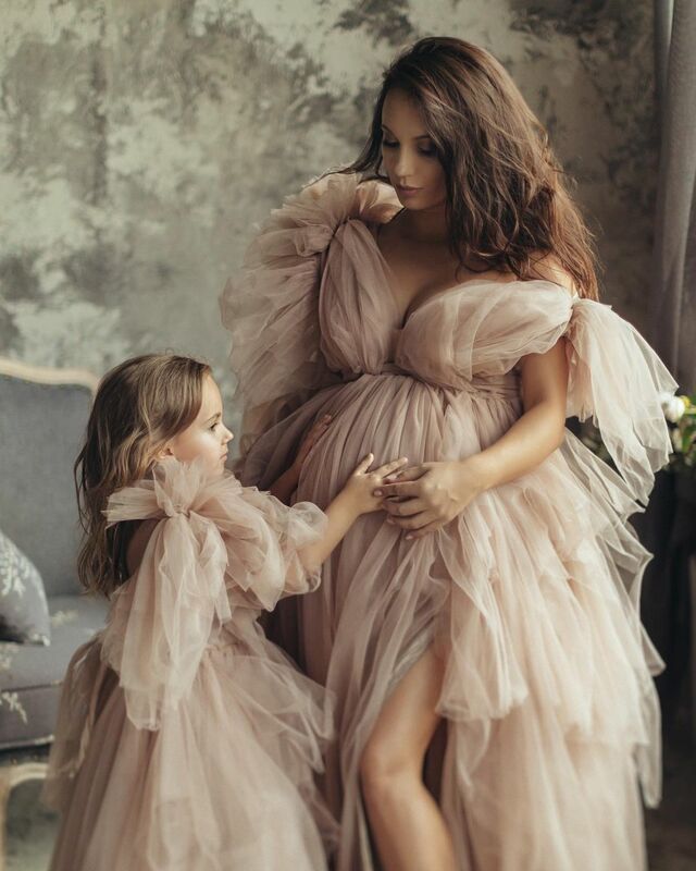 Unique Design Mom and Me Matching Dresses Tulle Vestido One Sleeve Mother and Kids Dress 2022 Maternity Gown for Photoshoots