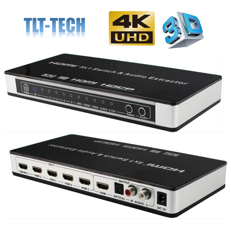 HDMI Switch 5X1 Audio Extractor 4K X 2K @ 30Hz HDMI 5 Port Switcher Box dengan IR Remote Control dan Adaptor Daya Full HD 1080P