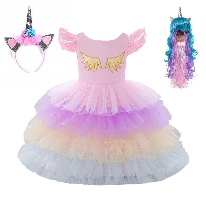 Vestido de unicornio para niñas, disfraz de princesa arcoíris de Halloween, vestidos de graduación escalonados florales, vestido esponjoso nupcial de noche