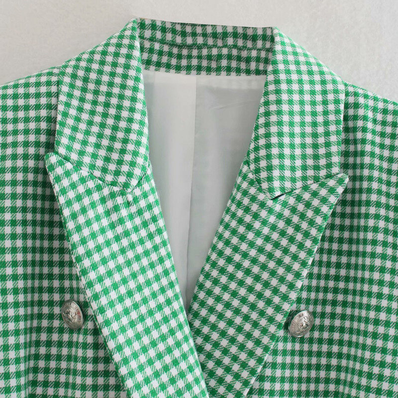 Vintage Women Green Long Sleeve Plaid Blazers Autumn Winter Fashion Ladies Chic Double Breasted Outwear Girls Casual Blazer Tops