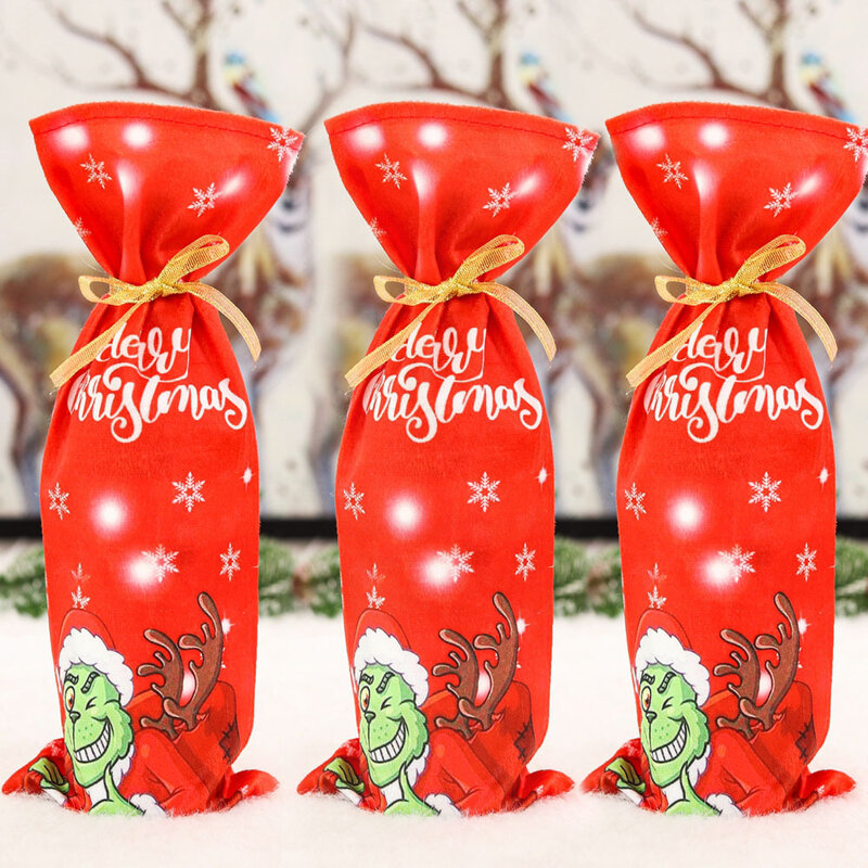 زجاجة شراب عيد الميلاد يغطي حقيبة عطلة سانتا كلوز زجاجة شمبانيا غطاء أحمر عيد ميلاد سعيد الجدول زينة للمنزل ديكور
