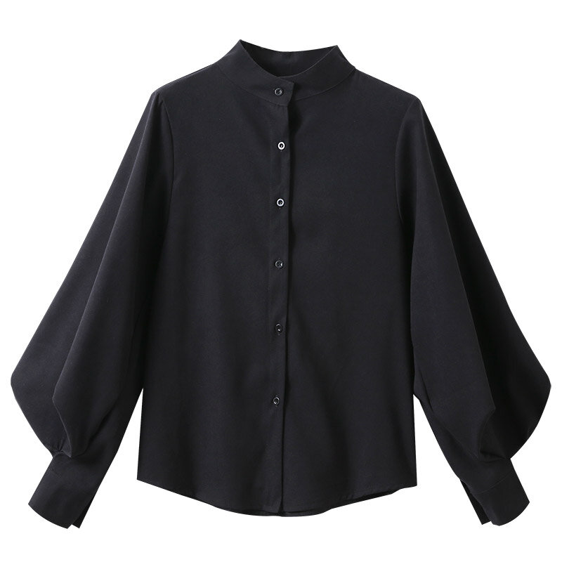 Blusa de manga farol grande para mujer, camisa de cuello alto de una sola botonadura, blusa de trabajo de oficina, color sólido, Vintage, Otoño e Invierno